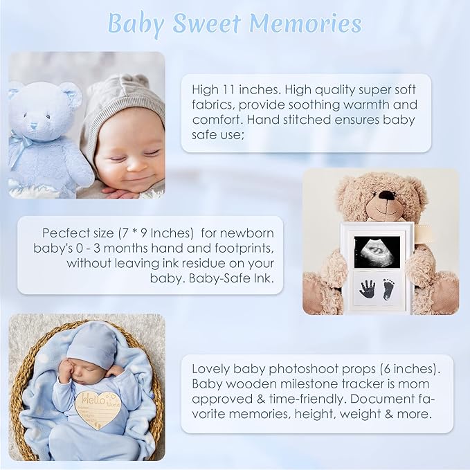 Baby Boy Gifts, Baby Shower Gifts - Newborn Bear Toys Rattle Blanket Infant Shoes Onesie Wooden Keepsake Babies Registry Gift Essentials Basket, Unique New Baby Gift Set for Boys 0+ Months