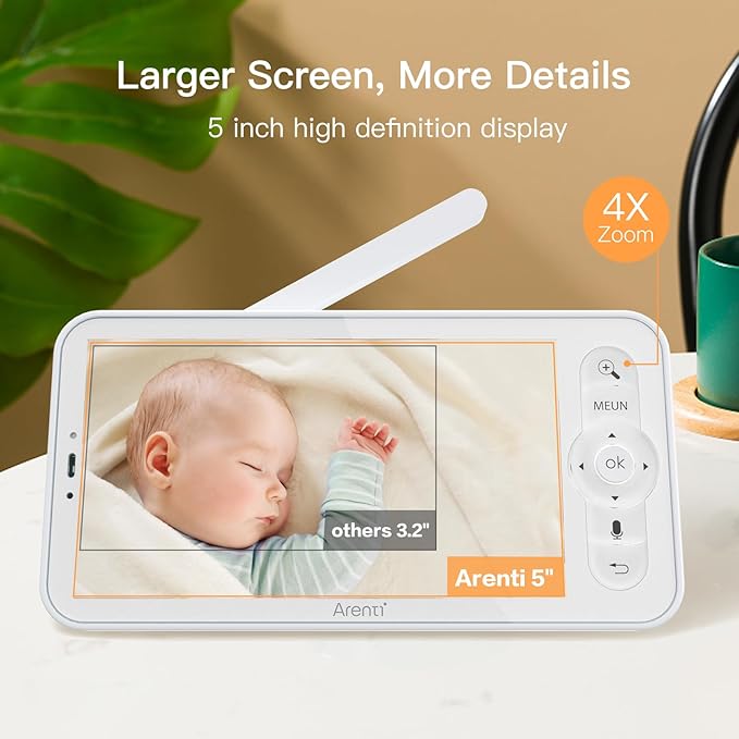 ARENTI Baby Monitor, 2K Smart Baby Camera with 5-Inch Upgraded Wireless Display, Super Night Vision, Lullabies, Cry & Motion Detection, Temp & Humidity Sensor, Two Way Audio