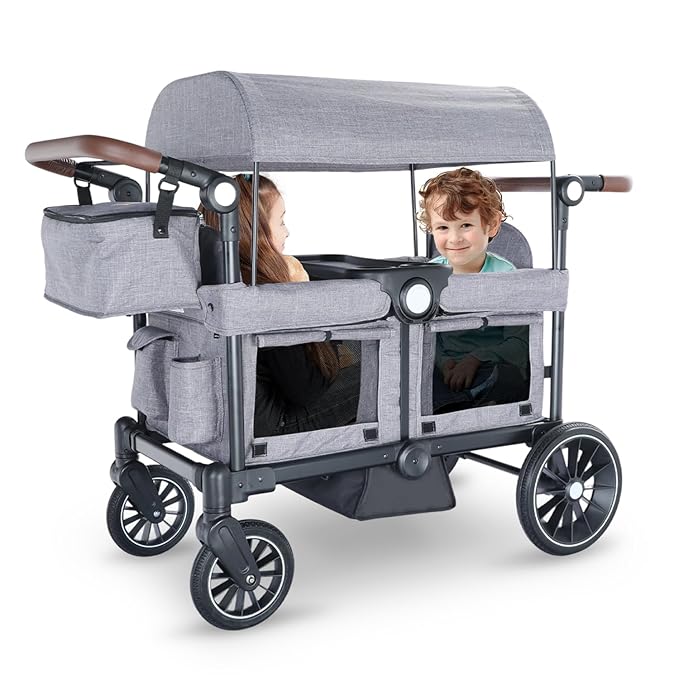 Kinder King Folding Wagon Stroller for 2 Kids, All-Terrain Baby Stroller Wagon Outdoor, Removable Canopy 2 Seater, Adjustable Handle, Shock-Absorbing Wheel, Detachable Tray, Parent Organizer, Gray
