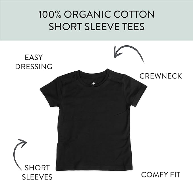 HonestBaby Unisex-Baby 5-Pack Short Sleeve T-Shirts 100% Organic Cotton Baby, Toddler, Little Kid, Boy, Girl, Unisex
