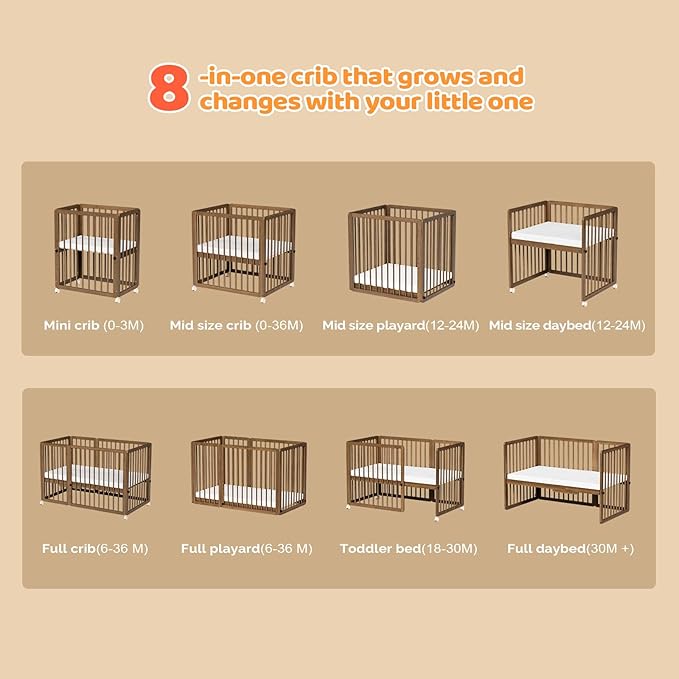 JOYMOR 8 in 1 Convertible Crib with Changer, Include 2” Mattress, Converts to Bassinet, Mid Crib, Full Size Crib, Daybed,Toddler Bed and Playard (Crib, Honey Wood)