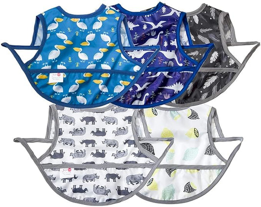 Joyo roy Mess Proof Baby Bibs 3-10 Months Waterproof Toddler Baby Boy Bibs for Eating Machine Washable Sleeveless Infant Smock Bib Travel Reusable Led Weaning Apron for Feeding Bib with Food Catcher