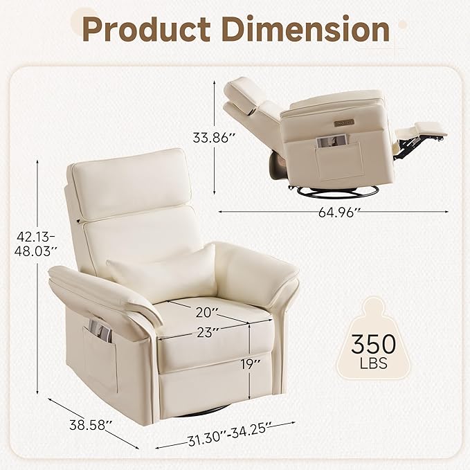 Power Recliner Rocking Chair Nursery Gliders with Adjustable Armrests and Headrest, Swivel Electric Glider Reclining Nursing Chair with USB Port and Storage Bags, FSC Certified(Leather, Beige)