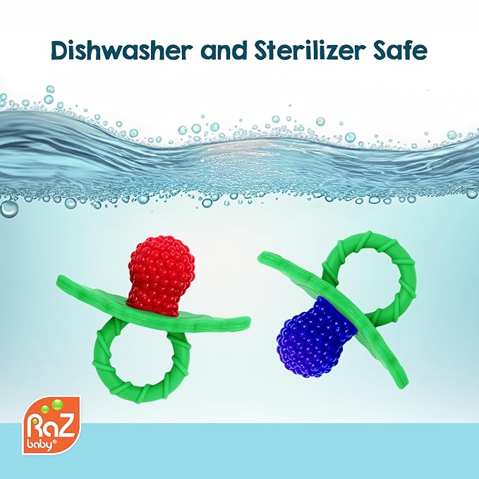RaZbaby RaZberry Silicone Teether Pacifier – Teething Relief for Infants, Food-Grade, BPA-Free, Hands-Free, Natural Berrybumps Fruit Texture for Sensory Development, Freezable, 2-Pack - Red/Green