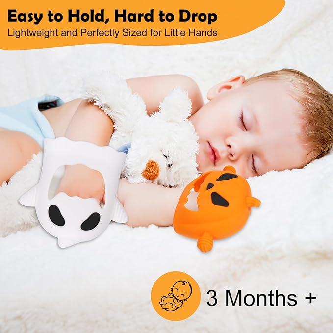 Halloween Baby Teething Mitten Toys 2Pack, Silicone Pumpkin & Ghost Teethers for Newborns, Infants & Toddlers, Easy-Grip Hand Teething Gloves for Relief, Perfect Baby’s First Halloween Basket Stuffers
