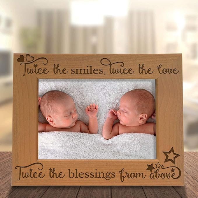 KATE POSH - Twice the Smiles, Twice the Love, Twice the Blessings from above - Engraved Natural Wood Picture Frame - Twins photo frame, Twins gifts for babies, Twins gifts for mom (4x6-Horizontal)