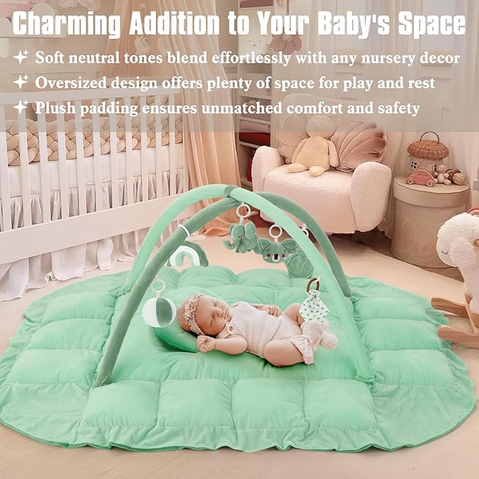 5-in-1 Plush Baby Play Gym, Baby Play Mats, Convertible Baby Gym with Pillow, Tummy time mat, Baby&Ped Bed, 6 Sensory Toys, Activity Center from Newborn to Toddler, Ball Pit, Rectangular Sage Green