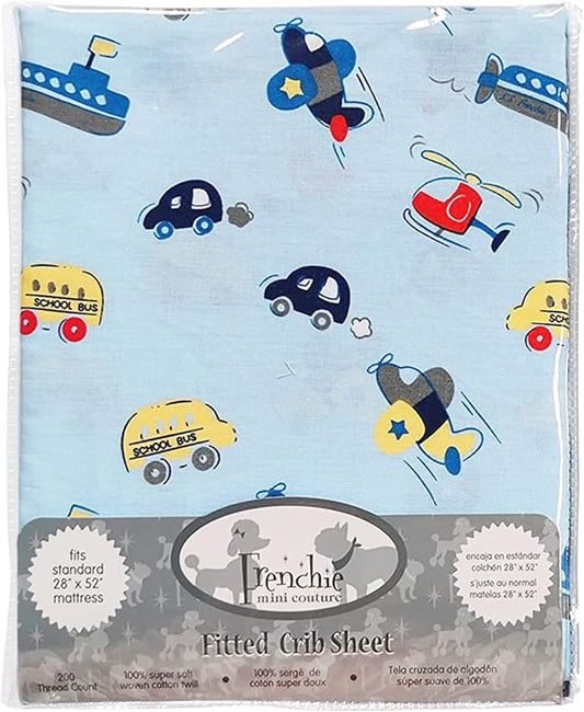 Fitted Crib Sheet Single, 100% Woven Cotton, Toddler Fitted Sheet, Fits Standard Size Baby Mattress 28 x 52 x 8in, Cars, Boats, & Planes (Light Blue)
