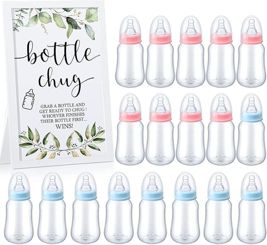 Roowest Bottle Chug Baby Shower Game Favors Including Eucalyptus Theme Wooden Sign and 18 Pcs Baby Bottles for Gender Reveal Party Supplies