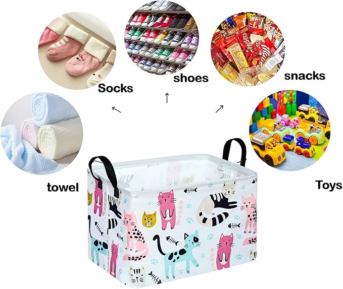 Cute Cat Pattern Gift Laundry Basket for Girls and Boys, Baby Storage Bin for Dirty Cloth, Toys, Kids Clothes Gift Storage Box with Handles