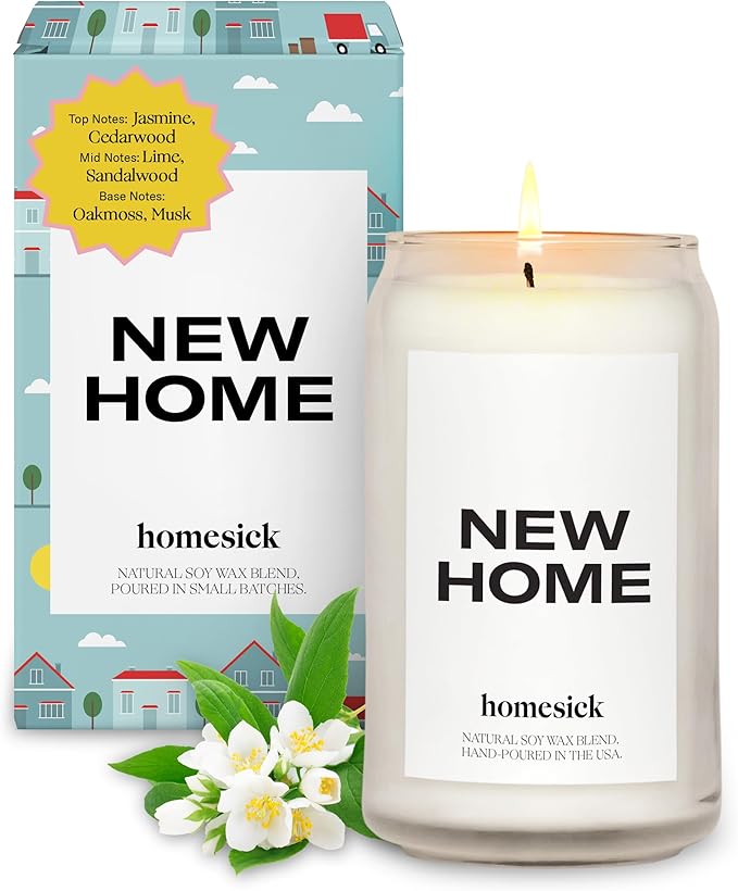 Homesick Scented Candles for Home (New Home) - 13.75 oz Long-Lasting Soy Wax Blend Jar Candle for Housewarming, 60-80 Hours Burn Time - Notes of Jasmine, Cedarwood, Lime, Sandalwood, Oakmoss & Musk