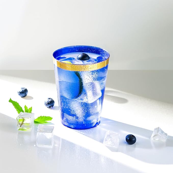 supernal 100 Pcs Blue Plastic Cups,10 Oz Clear Blue Disposable Cups with Gold Trim,Plastic Cocktail/Drink/Bridal Shower/Baby Shower Cups for Party,Wedding and Birthday,Cute Disposable Cup