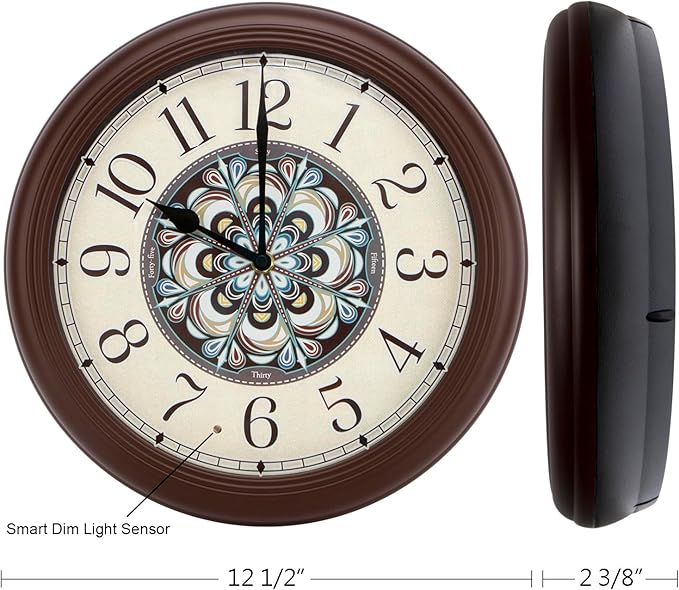 Evelyne LED Round Wall Clock - 12.5" Victorian Style Dial, Battery Operated, Night-time Sensor - Easy-to-Read Analog for Bedroom, Office & Living Room