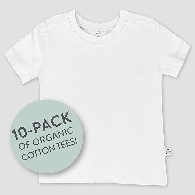 HonestBaby 10-Pack Short Sleeve T-shirts 100% Organic Cotton Baby, Toddler, Little Kids, Boys, Girls, Unisex