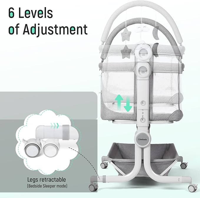 Cowiewie Baby Bassinet Bedside Sleeper with Storage Basket,Wheels & Hanging Toys, Easy Folding Portable Bassinet with Wheels Adjustable Height Portable Bassinets for Newborn(Handbag)