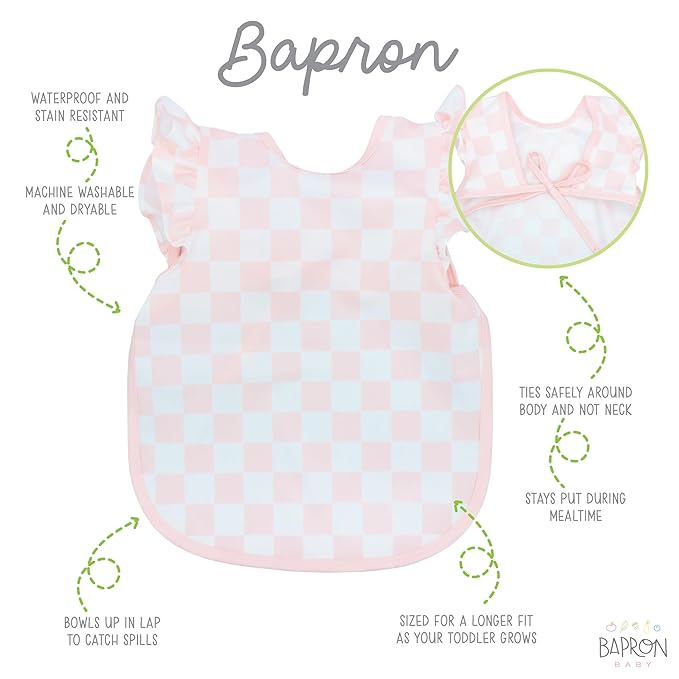 BapronBaby Pink Flutter Checkerboard Bapron - No Neck Tie Safer Bib for Baby & Toddler - Soft Waterproof Stain Resistant - Machine Washable - Sz Baby/Toddler 6m-3T