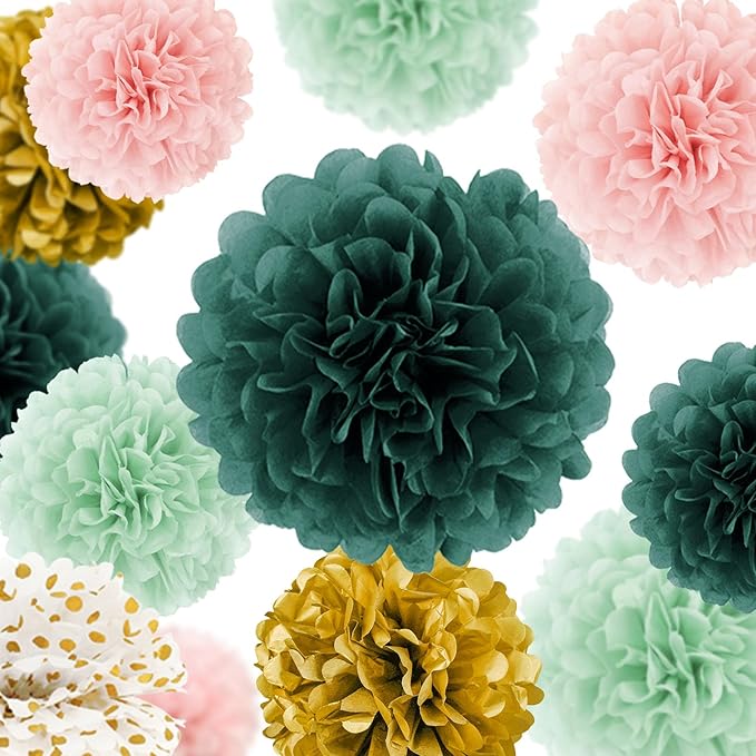 AOBKIAT Wedding Birthday Party Decorations Set,15PCS Sage Green Pink Tissue Paper PomPoms Circle Dots Paper Garland String Hanging Backdrop for Baby Shower, Boho Bridal Wedding Theme Decor