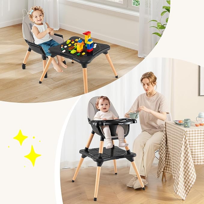 BABY JOY 6 in 1 High Chair, Convertible High Chairs for Babies and Toddlers/Booster Seat/Table and Chair Set, Infant Wooden Highchair w/ 5-Point Harness, 4-Position Removable Tray & PU Cushion (Black)
