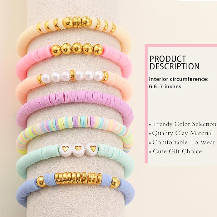Friendship Bracelets Trendy Heishi Clay Bead Bracelets Stack Gold Beaded Stretch Bracelets for Women Boho Stackable Bracelets Bulk Cute Preppy Jewelry
