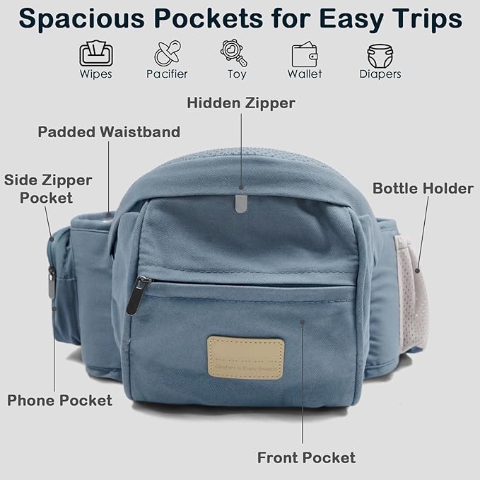 Baby Hip Seat Carrier, Adjustable Waistband with 3D Abdominal Support & Various Pockets Ergonomic Carrier for Newborns to Toddlers up to 33 lbs Medium Haze Blue