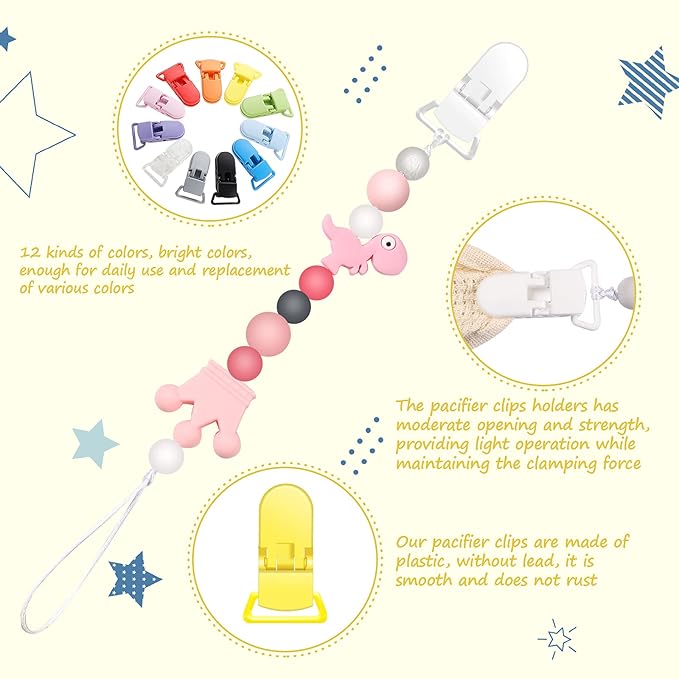 60 Pieces Pacifier Clips Holders Plastic Suspender Clips for Pacifiers for DIY Teething Toys Baby Blankets Bib,12 Colors