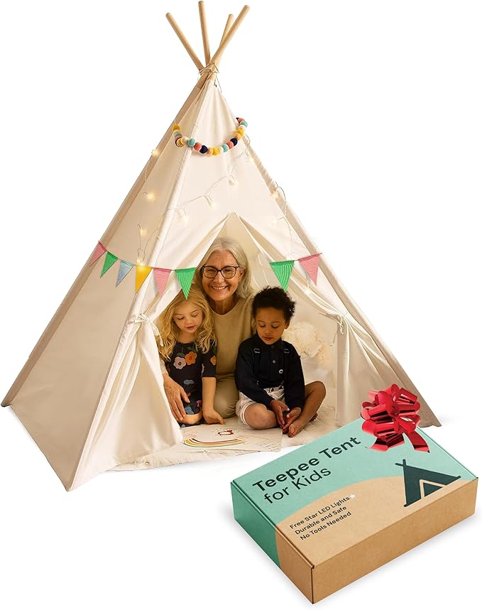 PLAYVIBE Teepee Tent for Kids - Castle Theme, Plastic Canopy - Indoor & Outdoor Toddler Playhouse with LED Star Lights & Cozy Reading Nook