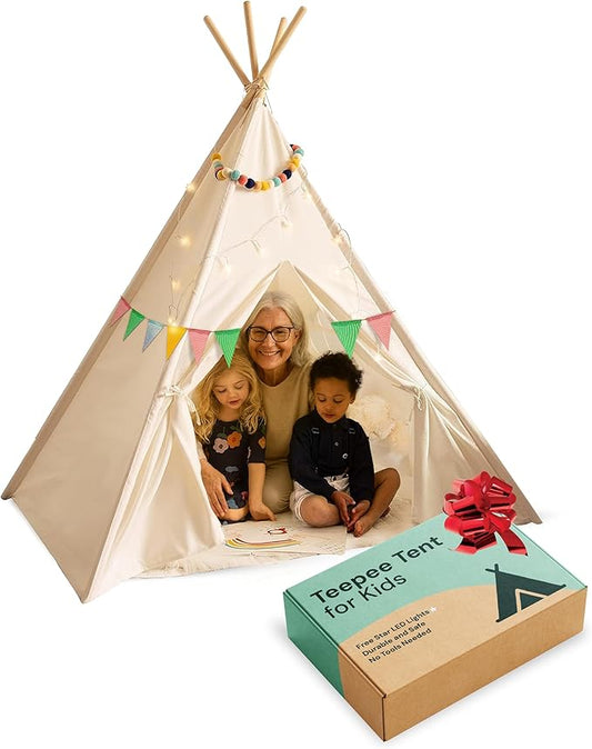 PLAYVIBE Teepee Tent for Kids - Castle Theme, Plastic Canopy - Indoor & Outdoor Toddler Playhouse with LED Star Lights & Cozy Reading Nook