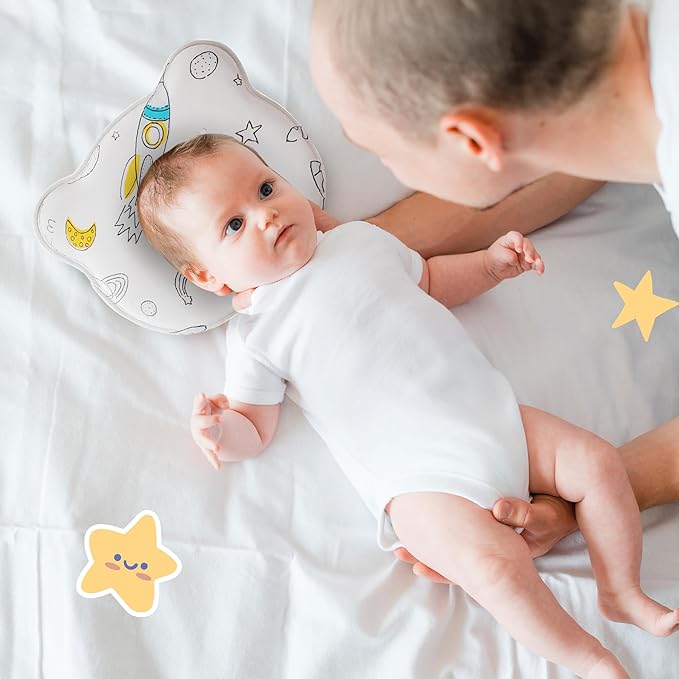 Soft and Breathable Baby Pillow with Memory Foam and Bear Design (White Cosmic)