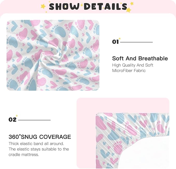 Baby Crib Sheets Pink and Blue Footprint Crib Sheets for Boys Girls,Neutral Bassinet Toddler Bed Play Sheets Breathable Soft and Portable 52 * 28 * 9in
