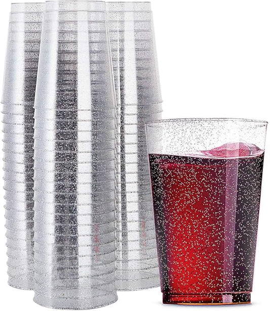 WDF 100 PACK Silver Glitter Plastic Disposable Cups - 12 Oz, BPA-Free, Heavy Duty, Ideal for Parties, Weddings, Daily Use