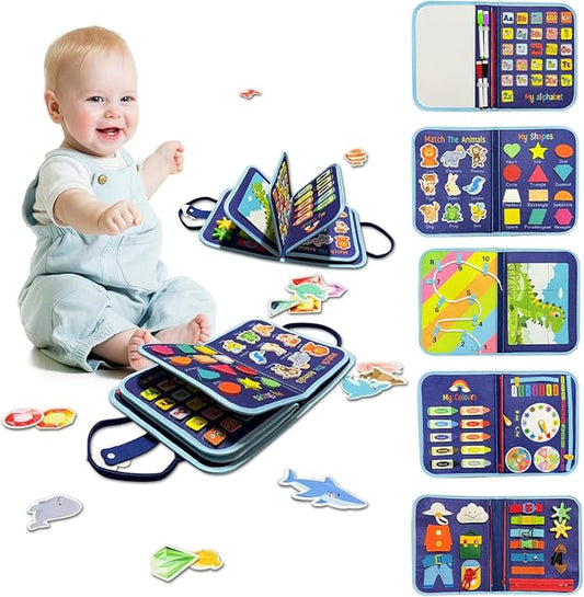 Toddler Busy Board Montessori Toys - Quiet Book for Boys Girls Toddlers Birthday Gift, Busy Book for Learning Fine Motor Skills Educational Activities, Sensory Travel Toy for Airplane & Car (Blue)