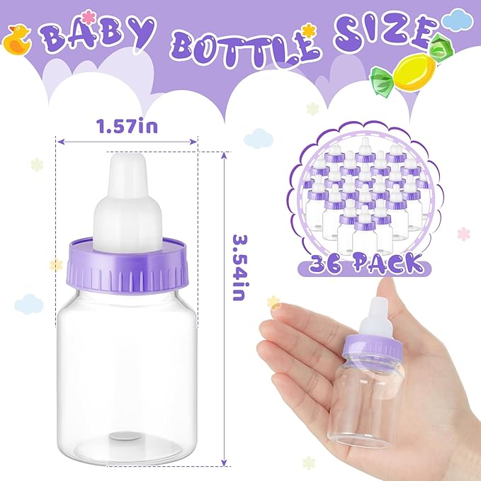 36 Pcs 3.5 Inch Mini Plastic Baby Bottle for Shower Favor - Clear Candy Box Feeding Bottle Decor Gift (Purple)