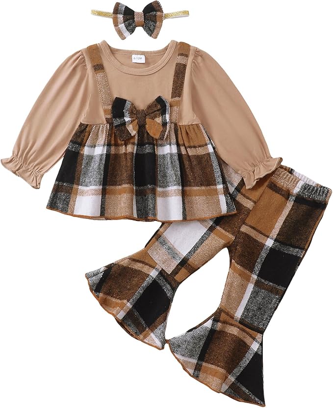 Kucnuzki Toddler Baby Girl Clothes Outfit Long Sleeve Plaid T Shirt Top Flare Leggings Pants 2 Piece Outfit Kids Clothes