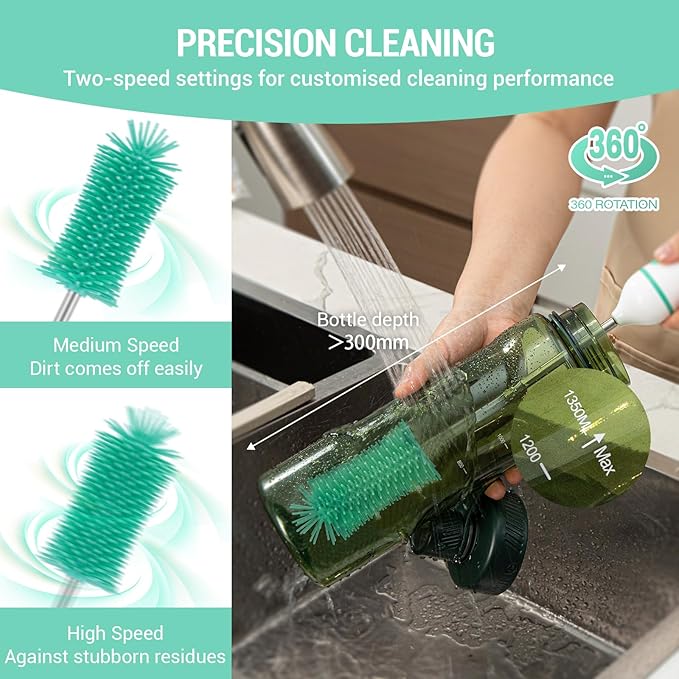 Travelling Electric Bottle Brush Cleaner, Baby Bottle Brush Set, Fully Water -Proof Bottle Brush, Long Handle Brush, BPA Free Silicon Brush Heads, Drying Stand, Milk Mixer, Egg Whisk Included