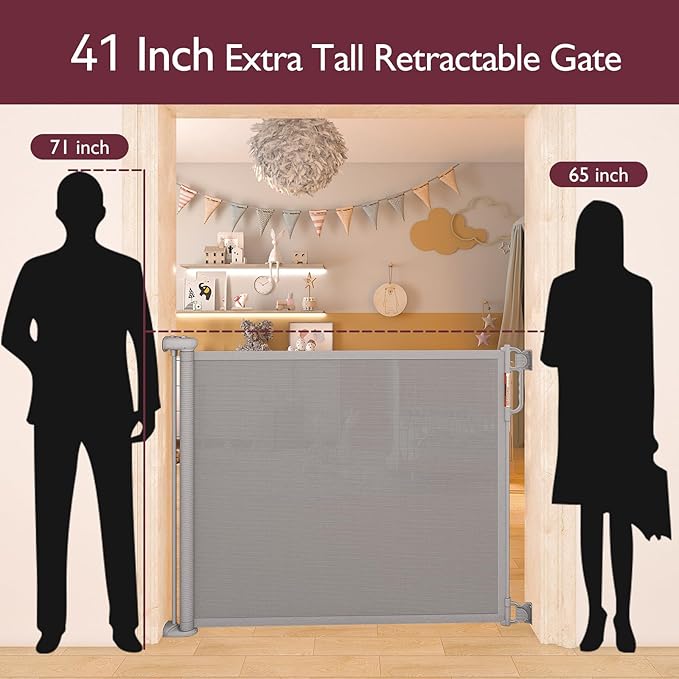 Retractable Baby Gate, Momcozy Extra Wide Mesh Baby Gates for Stairs, 41" Tall, Extends to 71" Wide, Black, Pet Dog Gate for Doorways, Stairs, Hallways, Indoor/Outdoor