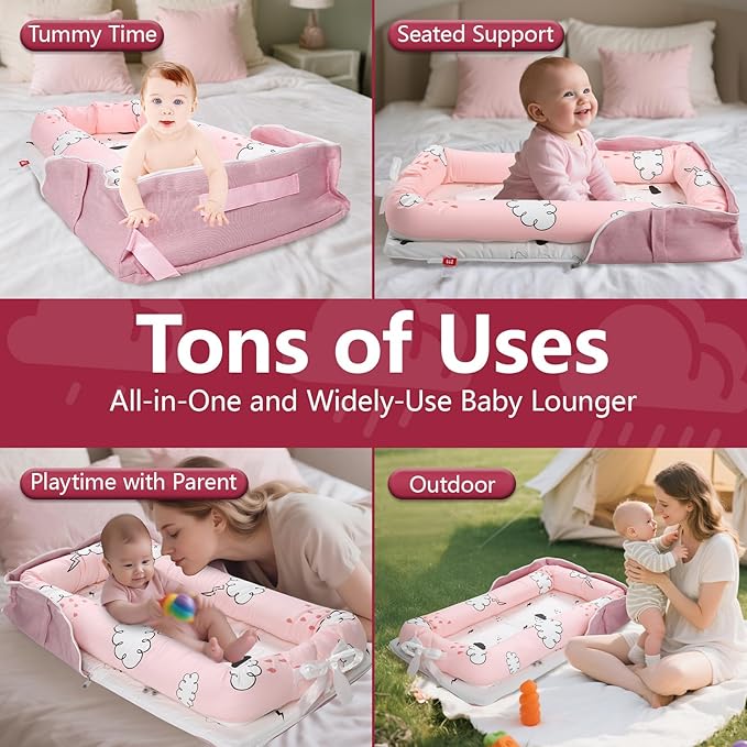 Baby Lounger for Newborn to Toddler 0-24 Months - Portable Infant Lounger with Breathable Cotton, Adjustable Size & Lengthen Space Travel Strap for Home, Outdoor (3. Cloud)