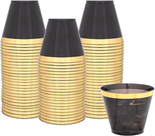 supernal 100 Pcs 9 oz Gold and Black Plastic Cups,Gold Rimmed Disposable Cups,Disposable Party Cup party,Plastic Cocktail Cups for Weddings, Birthdays & Festive Celebrations