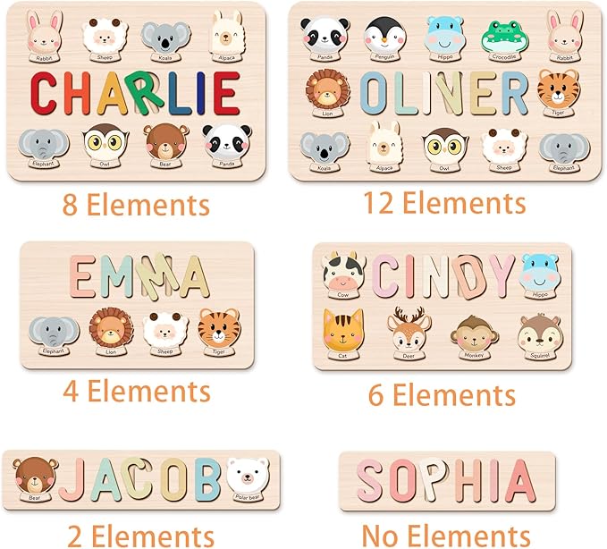 Name Puzzle for Kids Personalized, First Birthday for Baby Boy Girl, Wooden Animal Puzzles for Toddlers 1-3, Educational Toys for 1 Year Old