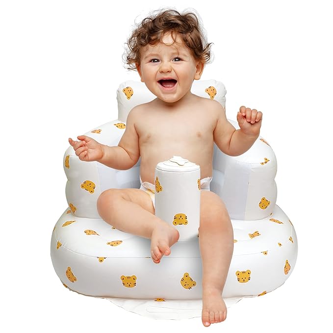 Inflatable Baby Chair, Inflatable Baby Seat for Babies 3 Months and Up, Summer Blow Up Chair with Built in Air Pump, Bumbo Seat for Learning to Sit, Palying, Camping, Tiger