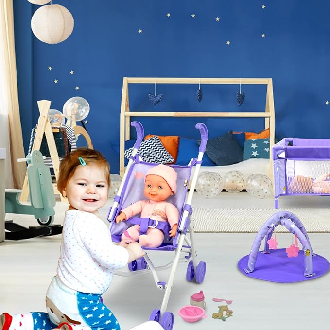 ANIVIA Baby Doll Stroller Set - Accessories Include Crib, Play Mat, Feeding Toy, Diaper Bag - Nursery Role Play Set (11" Doll Included)