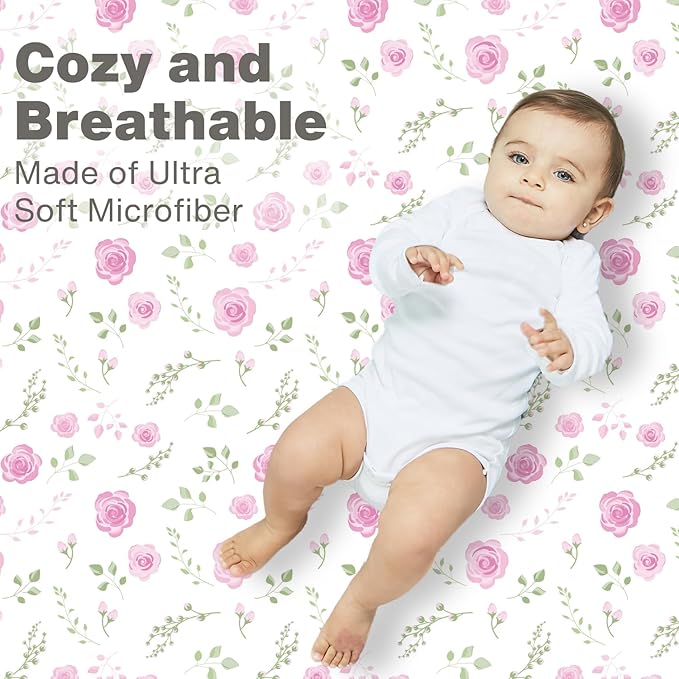 EVERYDAY KIDS 2 Pack Fitted Girls Crib Sheet, 100% Soft Breathable Microfiber Baby Sheet, Fits Standard Size Crib Mattress 28in x 52in, White and Pink Nursery Sheets with Flowers, Roses and Rosebuds