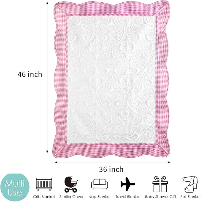 MONOBLANKS Baby Quilt Personlized Monogram Lightweight Embossed Scalloped Throw Blanket Four Seasons (Pink Gingham)