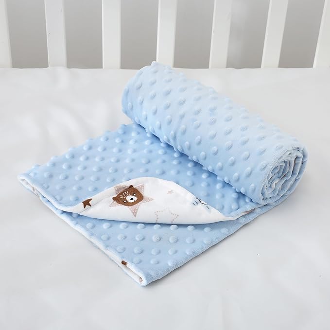 DaysU Silky Micro Soft Plush Baby Blankets for Girls with Print Animal Pattern and Soothing Raised Dots, Double Layer Bed Throws for Baby Crib, Bear, Blue, 30x40 Inches