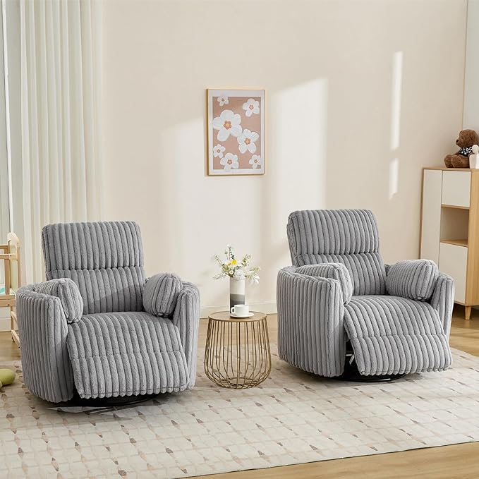 Power Swivel Glider Rocking Recliner Nursery Chair with 2 Pillows, Electric Rocker Reclining Chairs with Type-C & USB Charger Port for Living Room, High Back Barrel Armchair for Bedroom,Corduroy, Grey