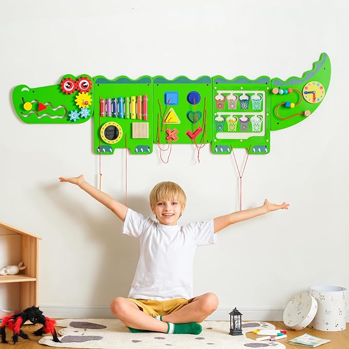 Crocodile Sensory Toys Activity Wall Panels, Educational Montessori Busy Board for Toddlers, Activity Cube - Sensory Wall, Wooden Learning Toys, Interactive Toy-Green