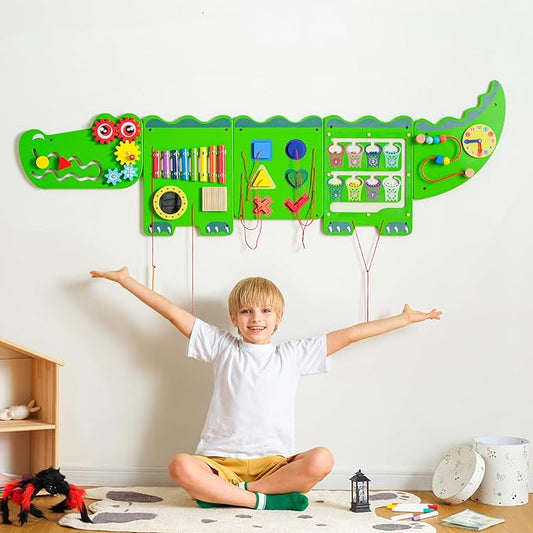 Crocodile Sensory Toys Activity Wall Panels, Educational Montessori Busy Board for Toddlers, Activity Cube - Sensory Wall, Wooden Learning Toys, Interactive Toy-Green