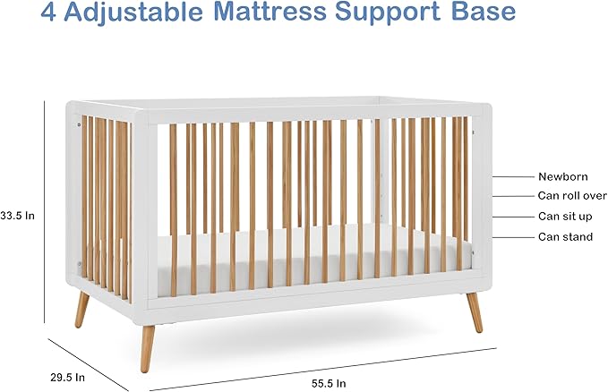 Tatum 3-in-1 Convertible Crib, White/Natural Finish, Solid Wood, Adjustable Mattress Height, Converts to Toddler Bed & Daybed, Fits Standard Full-Size Crib Mattress