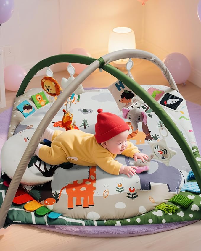 Baby Play Gym with 4 Developmental Zones – Tummy Time Mat & Activity Mat with 6 Sensory Toys, Visual Cards & Pillow – Baby Essentials & Ideal Gift for Newborns