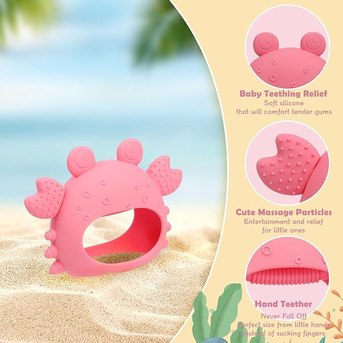 Anboor 2 Pack Baby Teething Toys, Silicone Teethers for Babies 0-6 Months Anti Dropping Hand Teether, Infant Baby Chew Toys for Teething Relief for Newborn Soon-to-be Mothers (Pink,Crab)