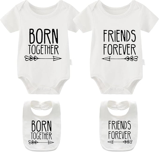 YSCULBUTOL Baby Twins Bodysuits Best Friends Forever Baby Clothes Set with Bibs Girl Outfit with hat